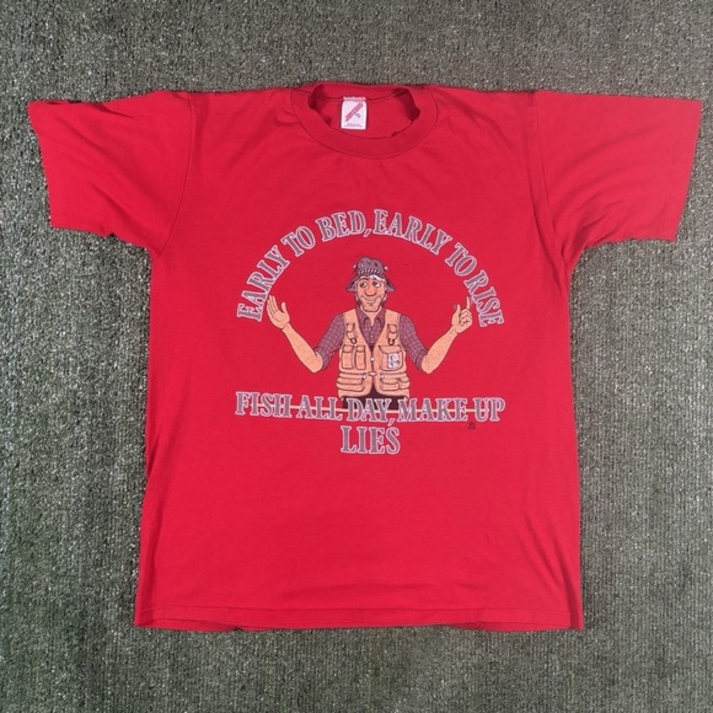 Jerzees Vintage 1988 Fishing T-Shirt Mens XL Red Good Funny Graphic Tee USA Made